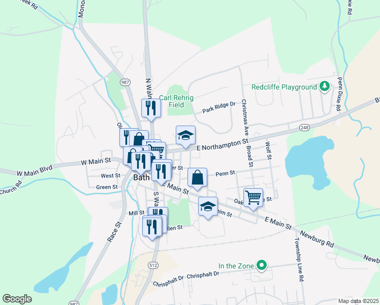 map of restaurants, bars, coffee shops, grocery stores, and more near 216 East Northampton Street in Bath