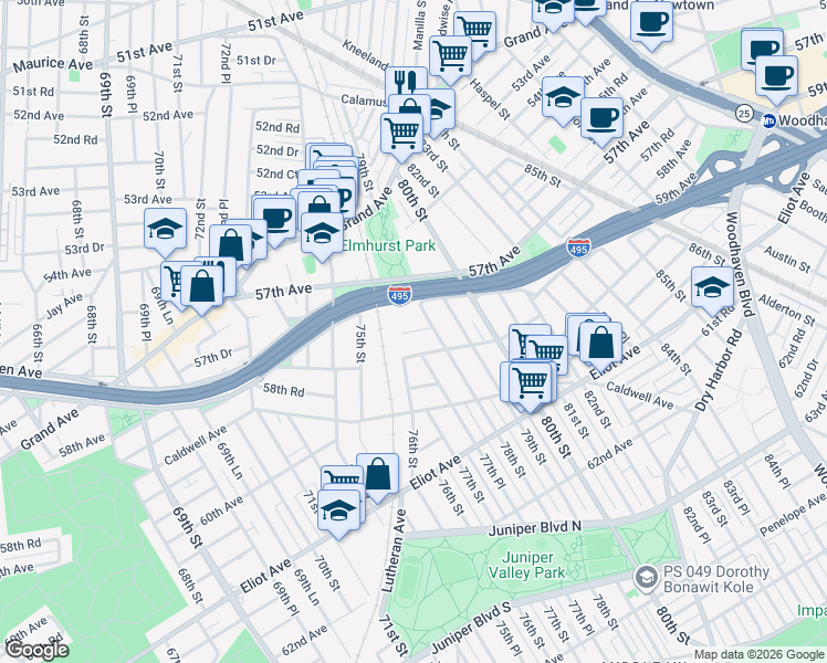 map of restaurants, bars, coffee shops, grocery stores, and more near 57-32 78th Street in Queens