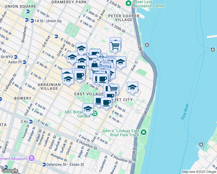 map of restaurants, bars, coffee shops, grocery stores, and more near 633 East 11th Street in New York