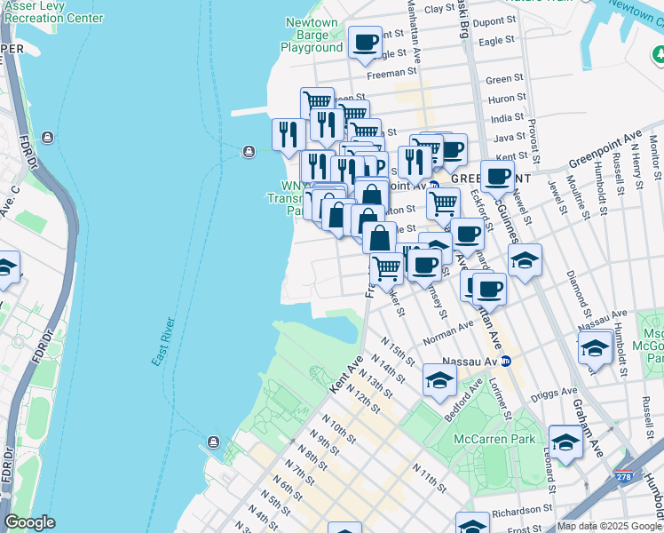 map of restaurants, bars, coffee shops, grocery stores, and more near 42 West Street in Brooklyn