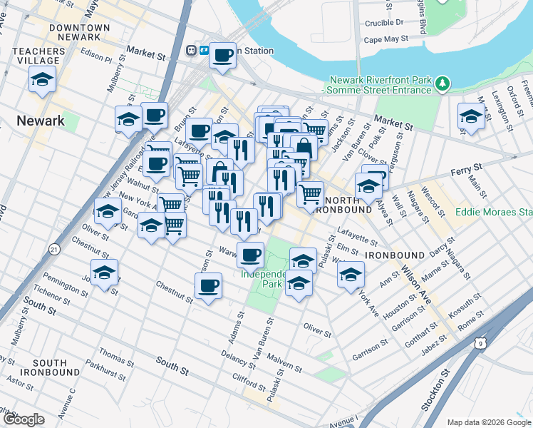 map of restaurants, bars, coffee shops, grocery stores, and more near 252-272 Lafayette Street in Newark