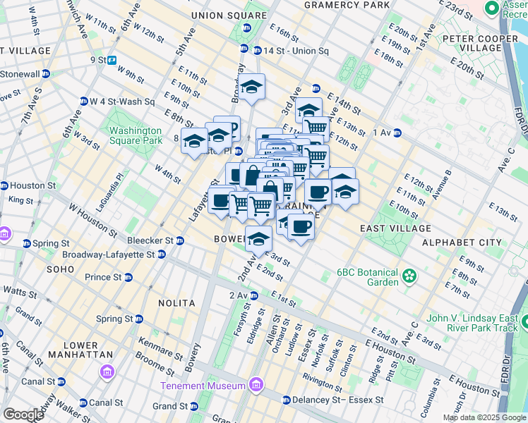 map of restaurants, bars, coffee shops, grocery stores, and more near 40 East 7th Street in New York