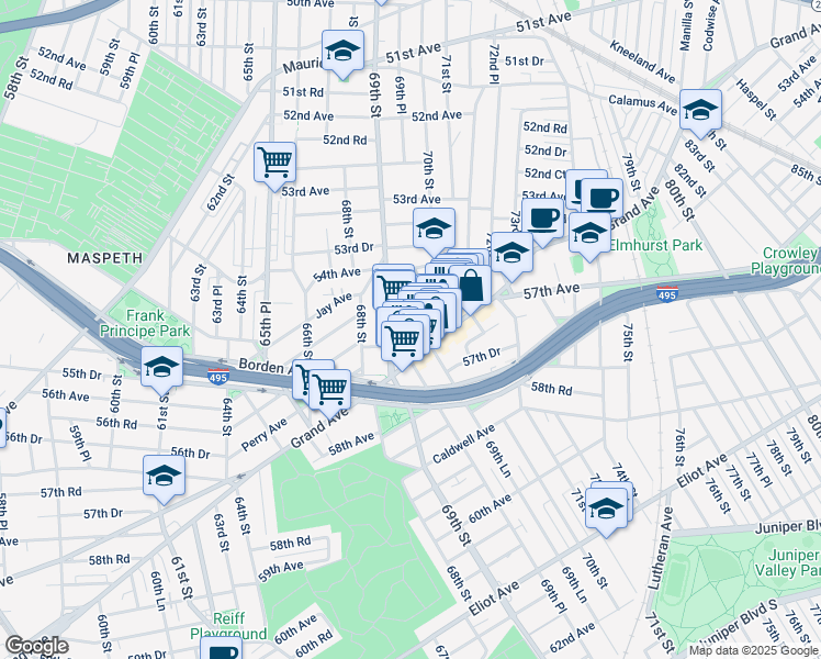 map of restaurants, bars, coffee shops, grocery stores, and more near 54-35 69th Place in Queens
