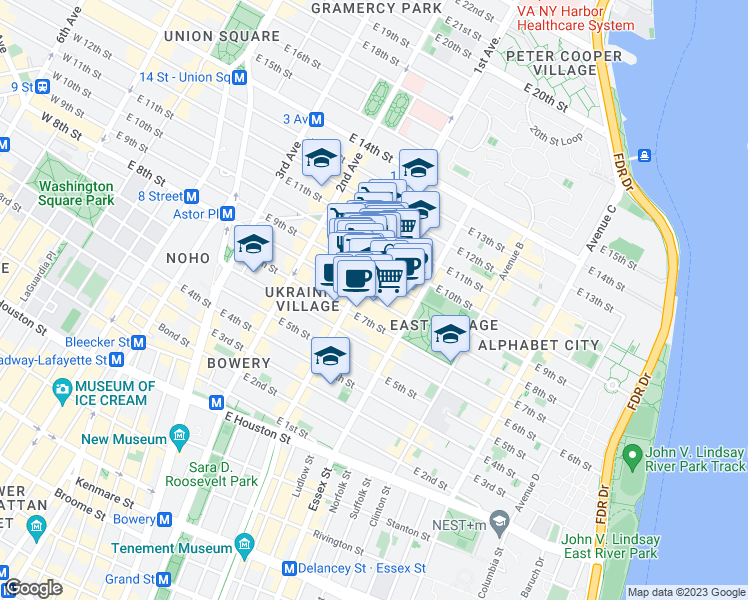 map of restaurants, bars, coffee shops, grocery stores, and more near 101 St Marks Pl in New York