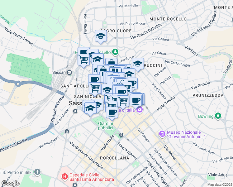 map of restaurants, bars, coffee shops, grocery stores, and more near 13 Piazza Domenico Alberto Azuni in Sassari