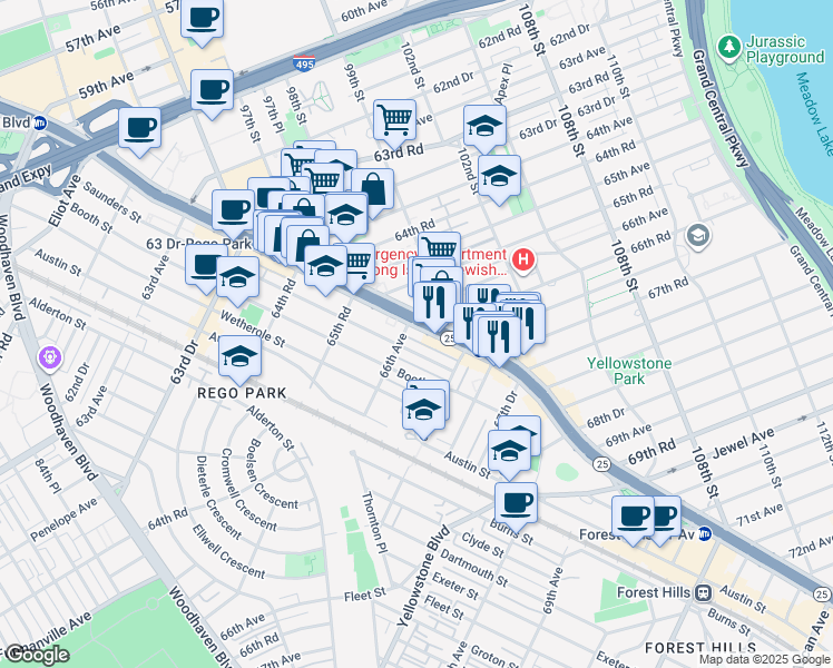 map of restaurants, bars, coffee shops, grocery stores, and more near 95 Queens Boulevard in Queens