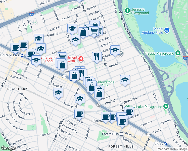 map of restaurants, bars, coffee shops, grocery stores, and more near 67-12 Yellowstone Boulevard in Queens