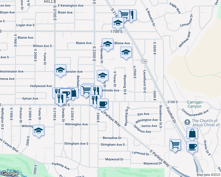 map of restaurants, bars, coffee shops, grocery stores, and more near 2375 East Redondo Avenue in Salt Lake City