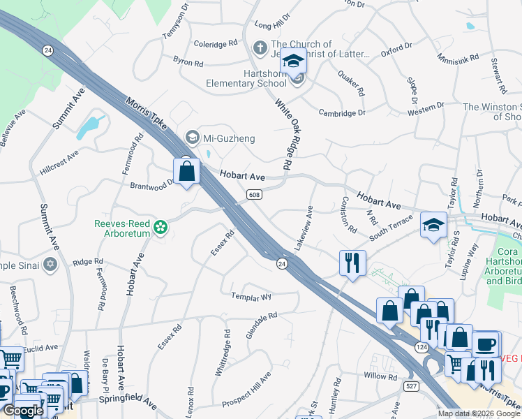 map of restaurants, bars, coffee shops, grocery stores, and more near 34 Hobart Gap Road in Millburn