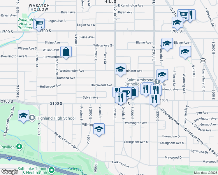map of restaurants, bars, coffee shops, grocery stores, and more near 2085 Hollywood Avenue in Salt Lake City