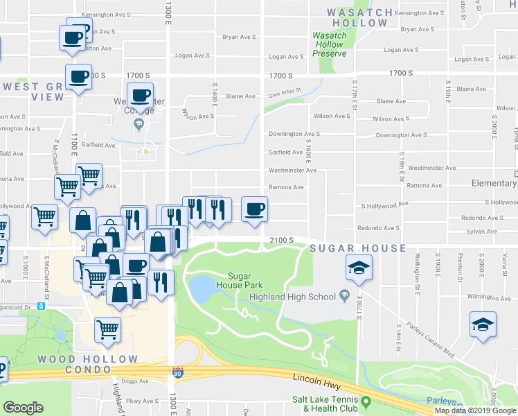 map of restaurants, bars, coffee shops, grocery stores, and more near 1933 1500 East in Salt Lake City
