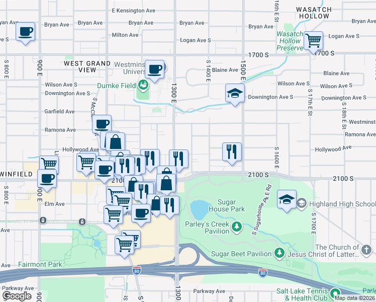 map of restaurants, bars, coffee shops, grocery stores, and more near 1362 Ramona Avenue in Salt Lake City