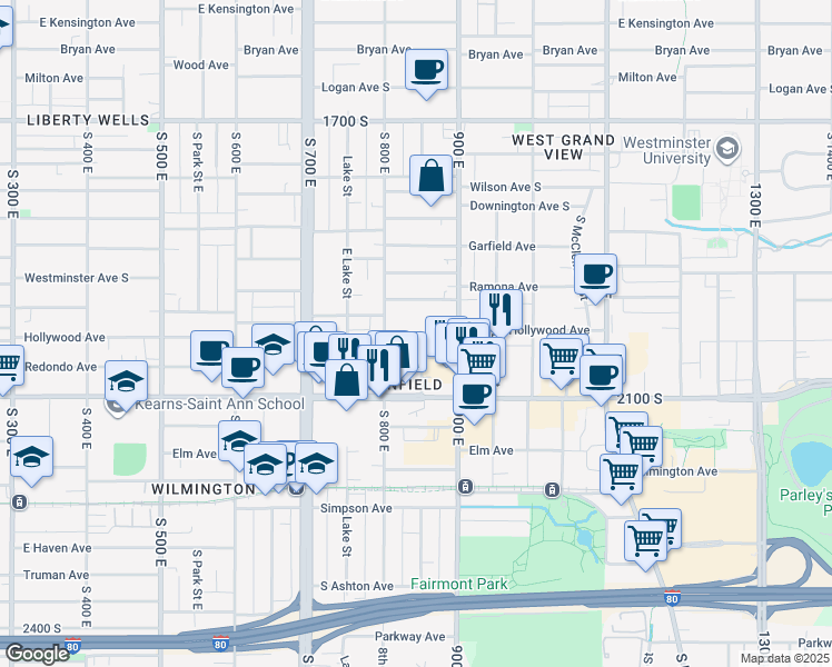 map of restaurants, bars, coffee shops, grocery stores, and more near 838 Ramona Avenue in Salt Lake City
