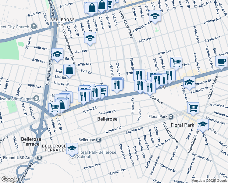 map of restaurants, bars, coffee shops, grocery stores, and more near 250-21 88th Road in Queens
