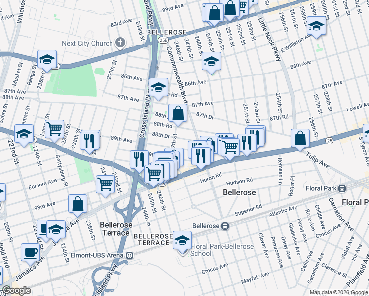 map of restaurants, bars, coffee shops, grocery stores, and more near 247-11 88th Drive in Queens