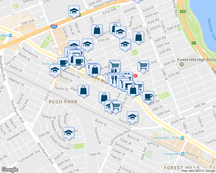 map of restaurants, bars, coffee shops, grocery stores, and more near 95 Queens Boulevard in Queens