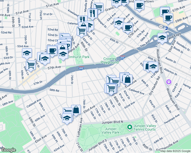 map of restaurants, bars, coffee shops, grocery stores, and more near 57-39 79th Street in Queens