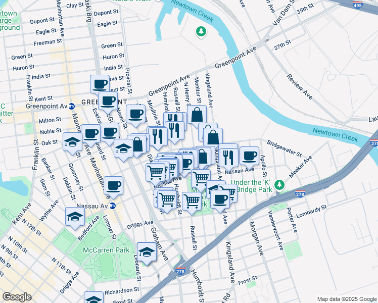 map of restaurants, bars, coffee shops, grocery stores, and more near 239 North Henry Street in Brooklyn