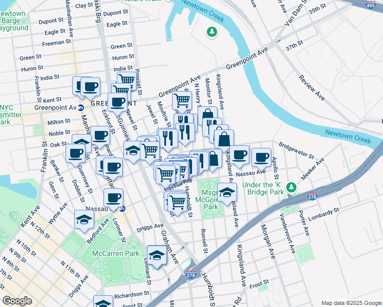 map of restaurants, bars, coffee shops, grocery stores, and more near 758 Humboldt Street in Brooklyn