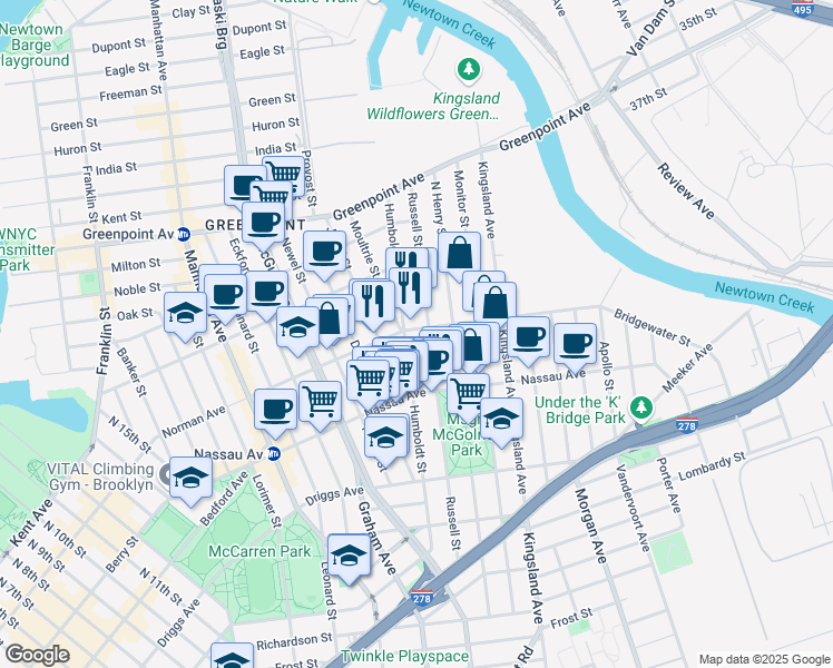 map of restaurants, bars, coffee shops, grocery stores, and more near 758 Humboldt Street in Brooklyn