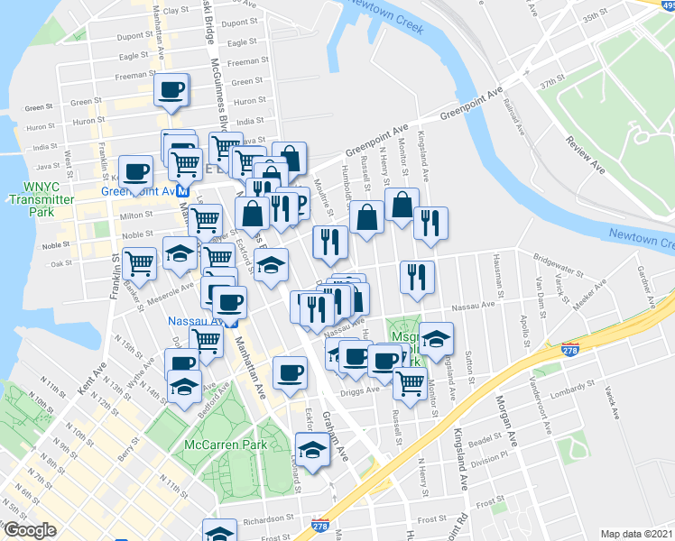 map of restaurants, bars, coffee shops, grocery stores, and more near 80 Jewel Street in Brooklyn
