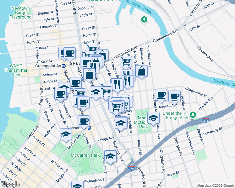 map of restaurants, bars, coffee shops, grocery stores, and more near 80 Jewel Street in Brooklyn