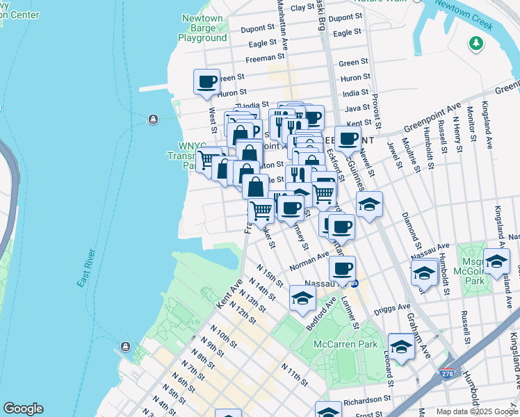 map of restaurants, bars, coffee shops, grocery stores, and more near 121 Oak Street in Brooklyn