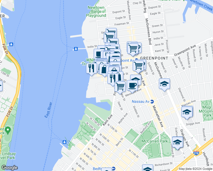 map of restaurants, bars, coffee shops, grocery stores, and more near 42 West Street in Brooklyn
