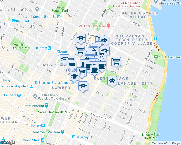 map of restaurants, bars, coffee shops, grocery stores, and more near 246 East 10th Street in New York