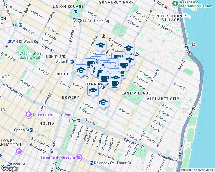map of restaurants, bars, coffee shops, grocery stores, and more near 69 Saint Marks Place in New York