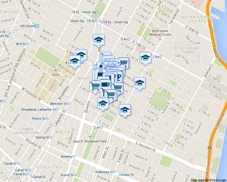 map of restaurants, bars, coffee shops, grocery stores, and more near in New York