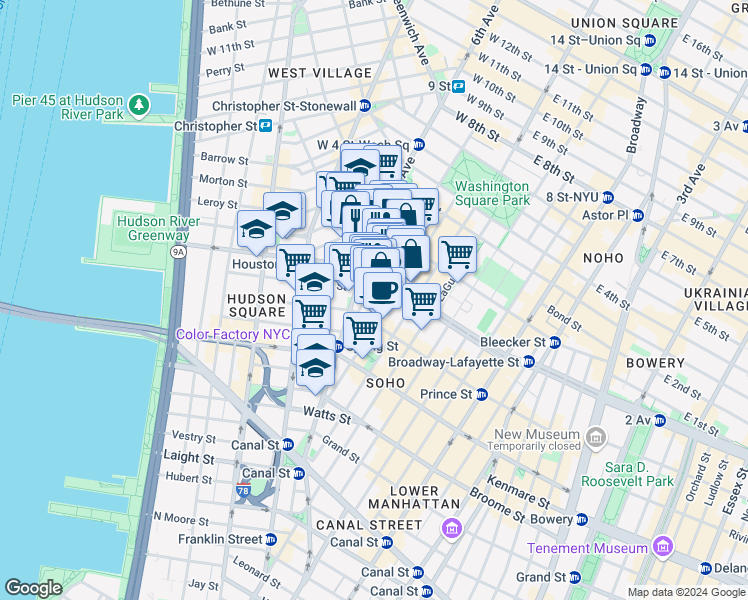 map of restaurants, bars, coffee shops, grocery stores, and more near Ave of the Americas in New York