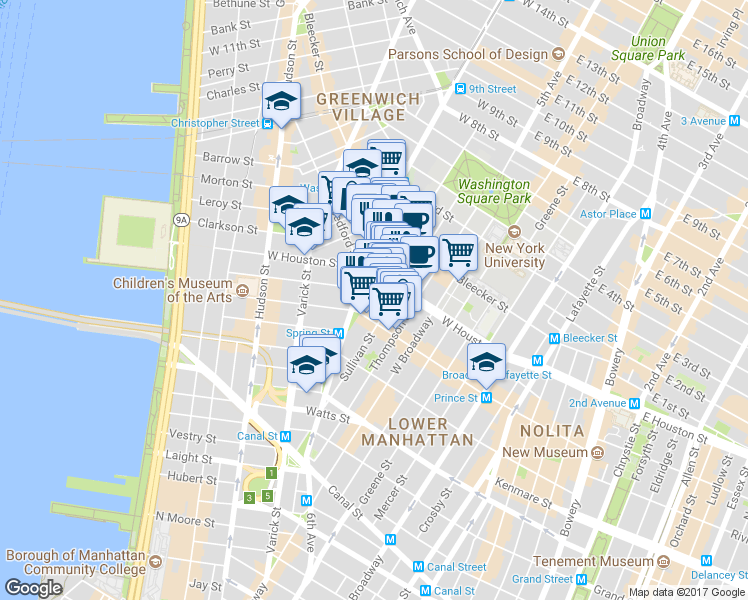 map of restaurants, bars, coffee shops, grocery stores, and more near Ave of the Americas in New York