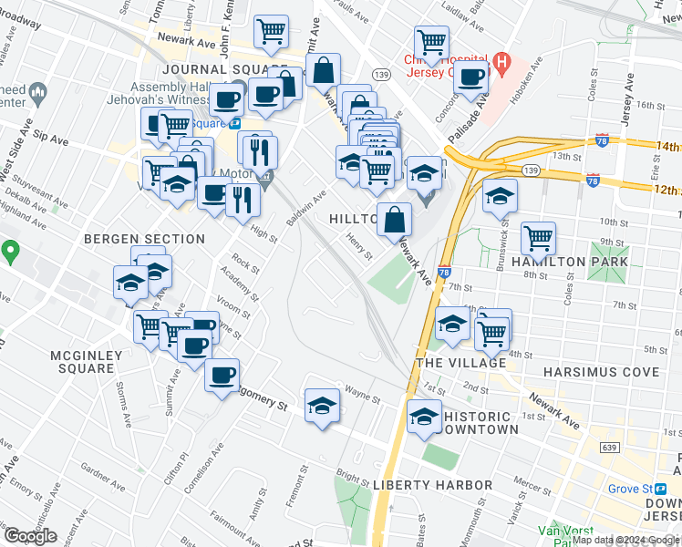 map of restaurants, bars, coffee shops, grocery stores, and more near 39 Alan Terrace in Jersey City