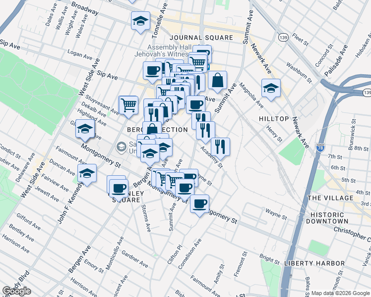 map of restaurants, bars, coffee shops, grocery stores, and more near 221 Academy Street in Jersey City