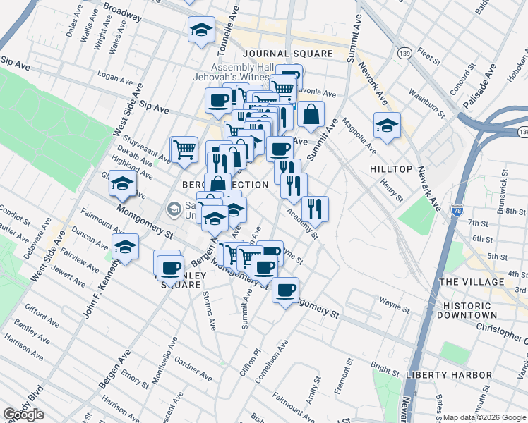 map of restaurants, bars, coffee shops, grocery stores, and more near 223 Academy Street in Jersey City