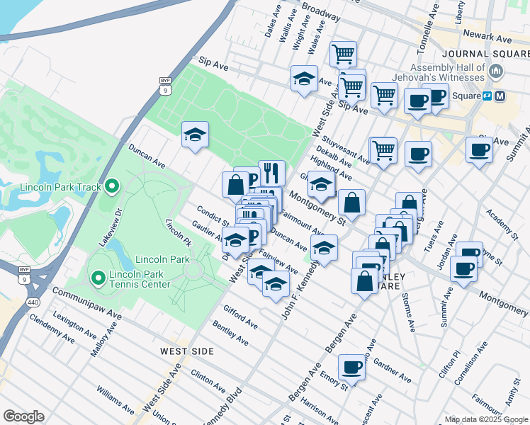map of restaurants, bars, coffee shops, grocery stores, and more near 819 West Side Avenue in Jersey City