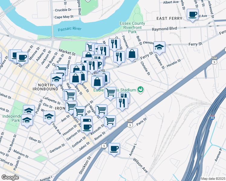 map of restaurants, bars, coffee shops, grocery stores, and more near 45 Saint Francis Street in Newark
