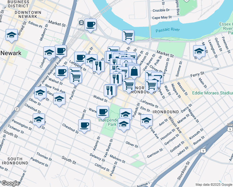 map of restaurants, bars, coffee shops, grocery stores, and more near 281 Lafayette Street in Newark