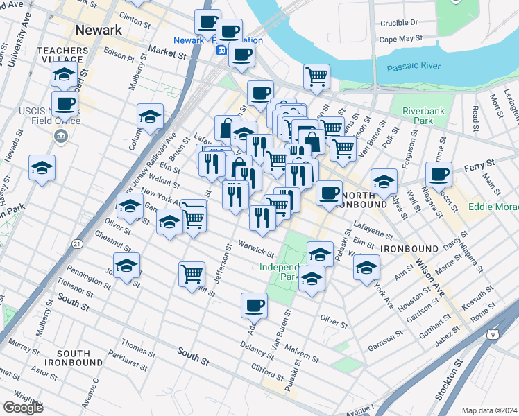 map of restaurants, bars, coffee shops, grocery stores, and more near 148 Jefferson Street in Newark