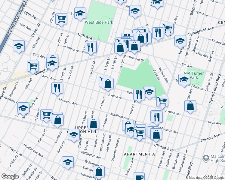 map of restaurants, bars, coffee shops, grocery stores, and more near 731 South 11th Street in Newark