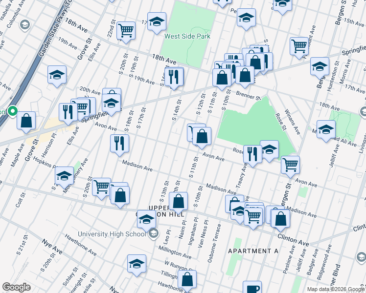 map of restaurants, bars, coffee shops, grocery stores, and more near 739 South 12th Street in Newark