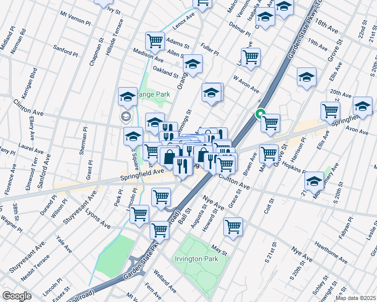 map of restaurants, bars, coffee shops, grocery stores, and more near 27 Linden Avenue in Irvington