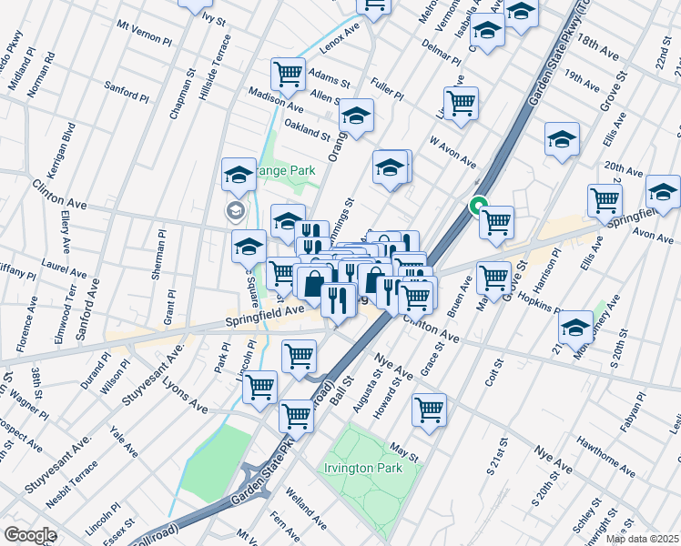map of restaurants, bars, coffee shops, grocery stores, and more near 25 Linden Avenue in Irvington