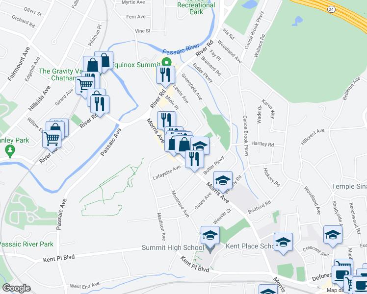 map of restaurants, bars, coffee shops, grocery stores, and more near 24 Aubrey Street in Summit