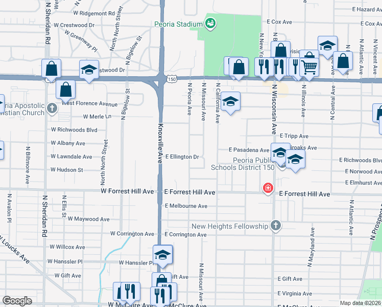 map of restaurants, bars, coffee shops, grocery stores, and more near 3317 North Missouri Avenue in Peoria