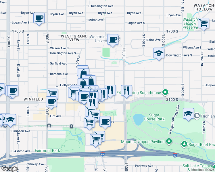 map of restaurants, bars, coffee shops, grocery stores, and more near 1963 South 1200 East in Salt Lake City