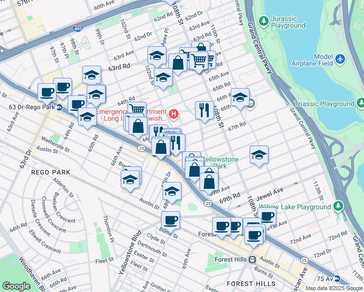 map of restaurants, bars, coffee shops, grocery stores, and more near 102-31 67th Avenue in Queens