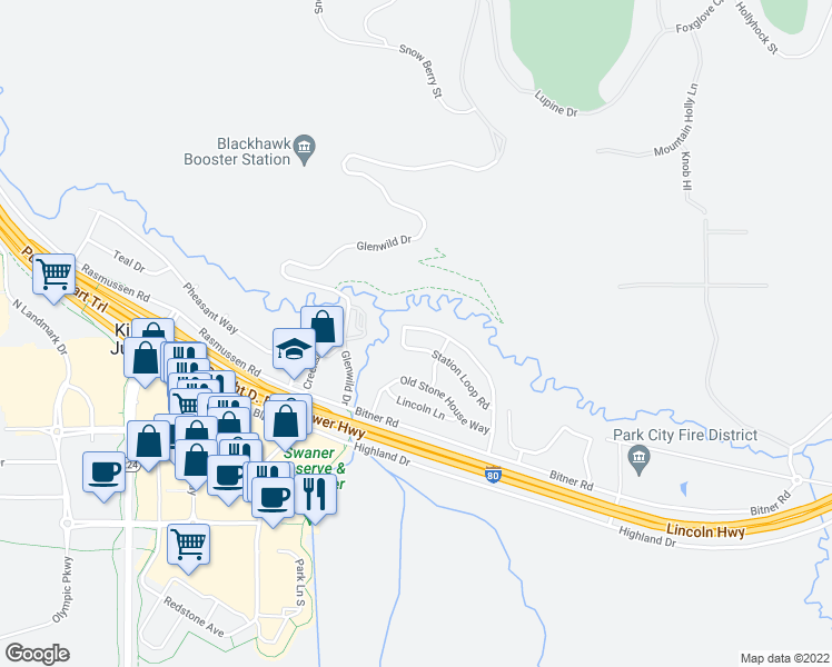 map of restaurants, bars, coffee shops, grocery stores, and more near 1061 Station Loop Road in Park City