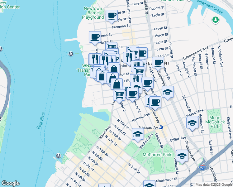 map of restaurants, bars, coffee shops, grocery stores, and more near 85 Oak Street in Brooklyn